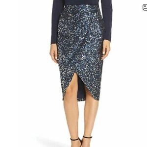 Eliza J navy blue silver sequin skirt 10 tags MSRP $148 faux wrap holiday